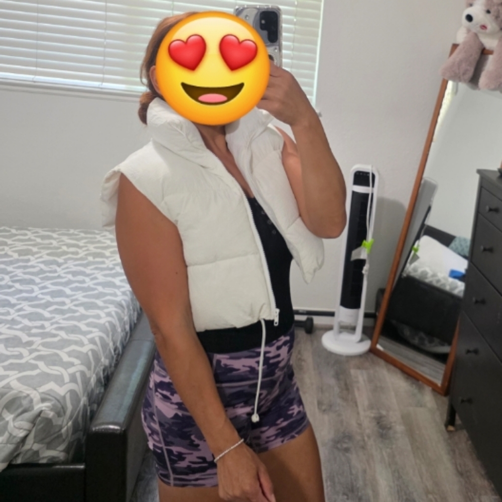 White Puffer Vest with Purple Patterned Shorts